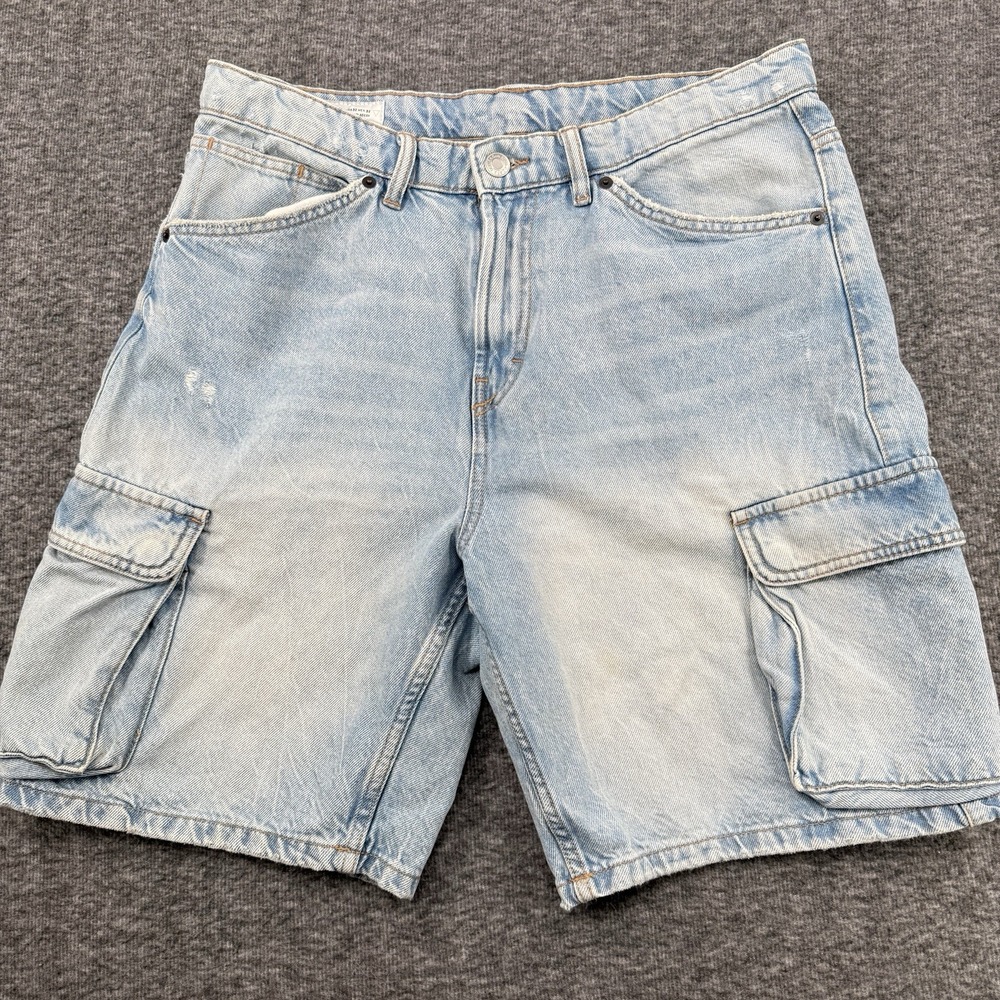 Zara Denim Cargo Shorts Men's 32 Light Wash Baggy Distressed Jorts Relaxed Fit